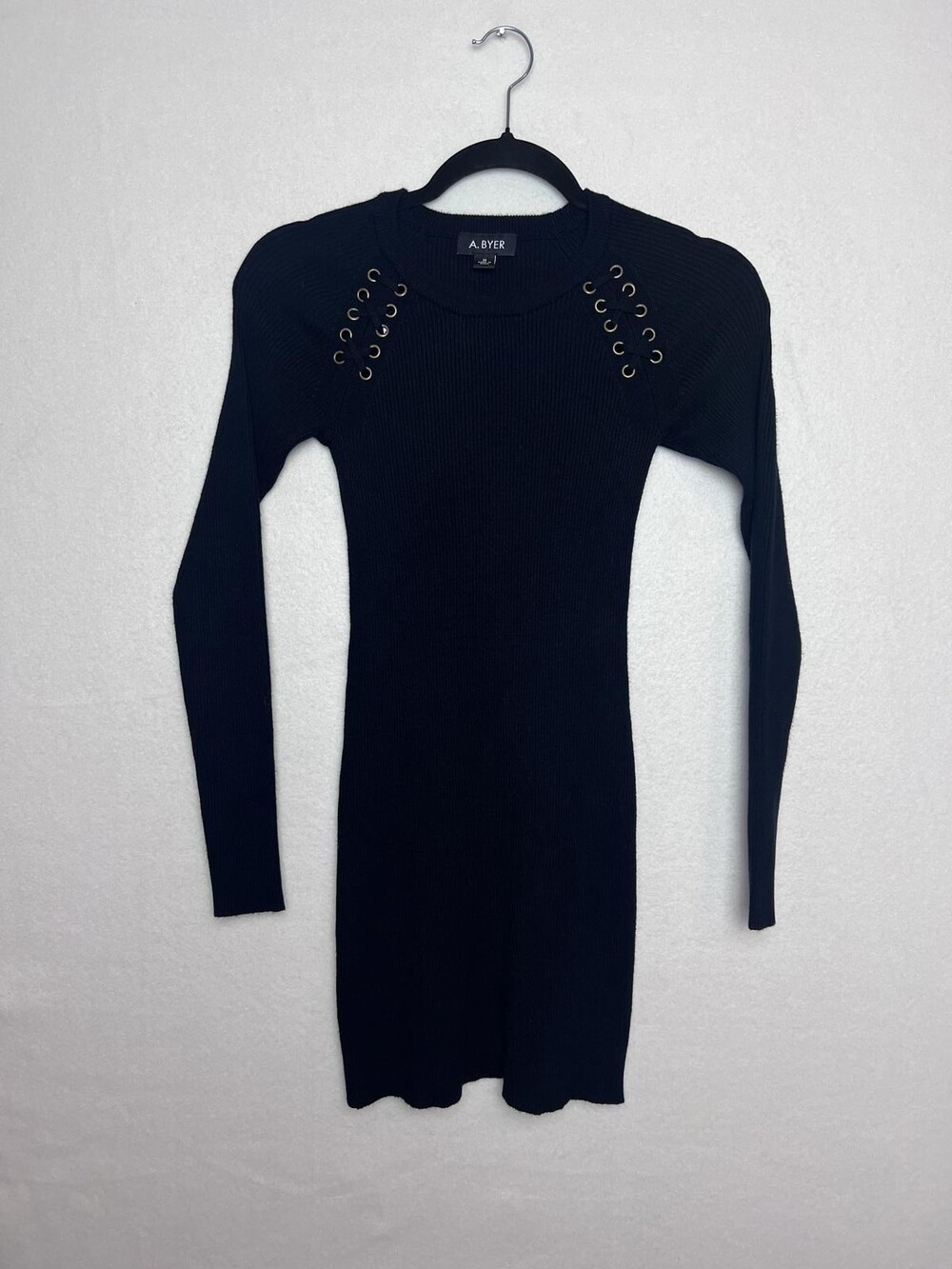 A. Byer Black Ribbed Long Sleeve Sweater Dress with Lace-Up Detail Size Medium